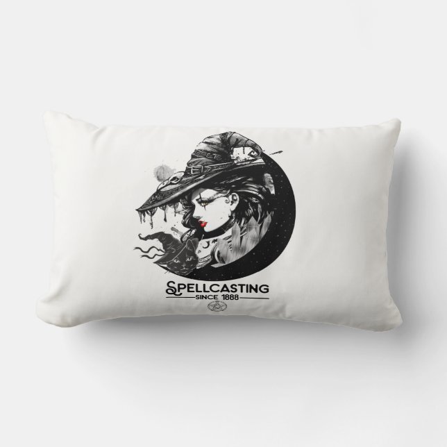Pretty Witch & Black Cat Wiccan Wicca Spellcasting Lumbar Pillow (Front)