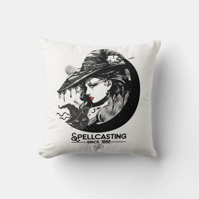 Pretty Witch & Black Cat Wiccan Wicca Spellcasting Throw Pillow (Front)