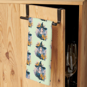 Pretty Witch Black Hat Stars Pattern Halloween Kitchen Towel