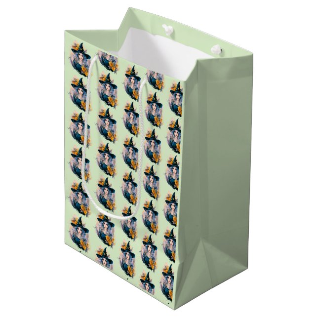 Pretty Witch Black Hat Stars Pattern Halloween Medium Gift Bag (Front Angled)