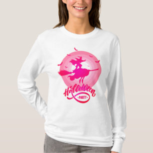 Pretty Witch Flying Broom against Full Moon T-Shirt