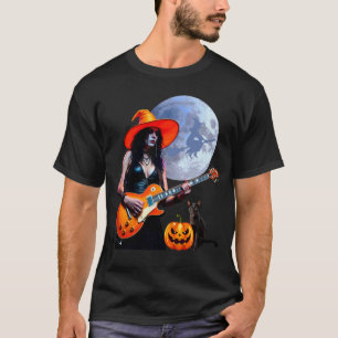 Pretty Witch Rocker Playing Electric Guitar with C T-Shirt