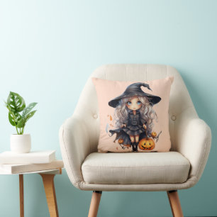 Pretty Witch with Blonde Hair Orange Halloween Throw Pillow