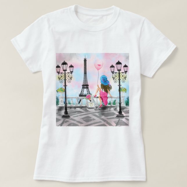 Pretty Woma In Paris T-Shirt Eiffel Tower (Design Front)