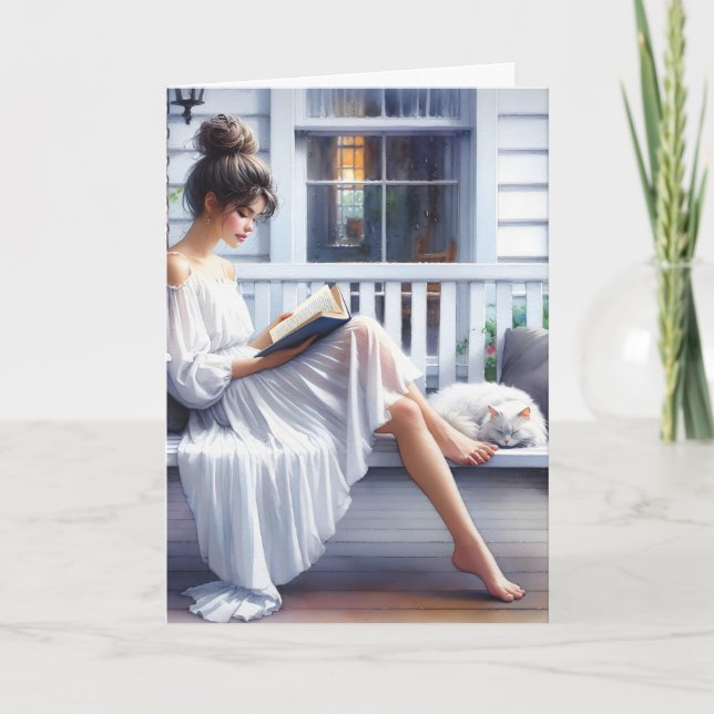 Pretty Woman and Cat On Porch Swing Card (Front)