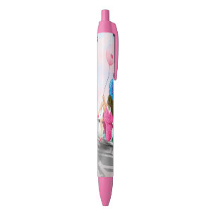 Pretty Woman and Pink Heart Balloon - I Love Paris Blue Ink Pen