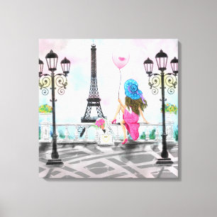 Pretty Woman and Pink Heart Balloon - I Love Paris Canvas Print