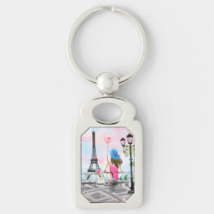 Pretty Woman and Pink Heart Balloon - I Love Paris Keychain