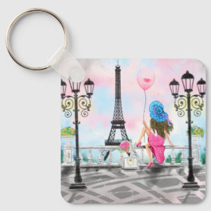 Pretty Woman and Pink Heart Balloon - I Love Paris Keychain