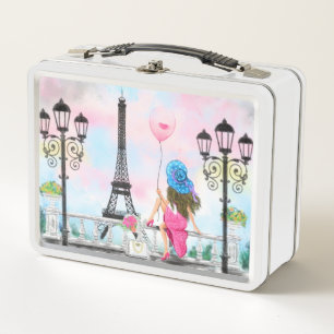 Pretty Woman and Pink Heart Balloon - I Love Paris Metal Lunch Box