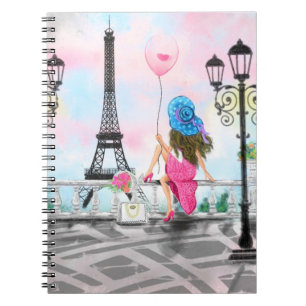 Pretty Woman and Pink Heart Balloon - I Love Paris Notebook