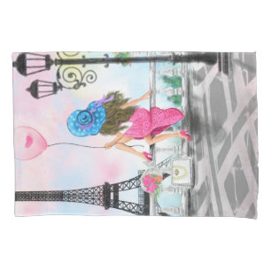 Pretty Woman and Pink Heart Balloon - I Love Paris Pillowcase