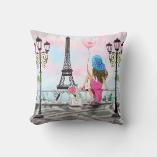 Pretty Woman and Pink Heart Balloon - I Love Paris Throw Pillow