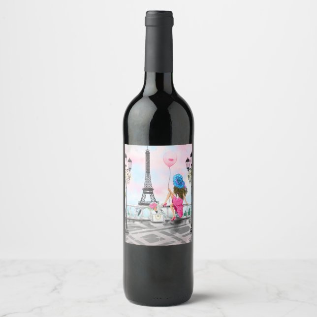 Pretty Woman and Pink Heart Balloon - I Love Paris Wine Label (Front)
