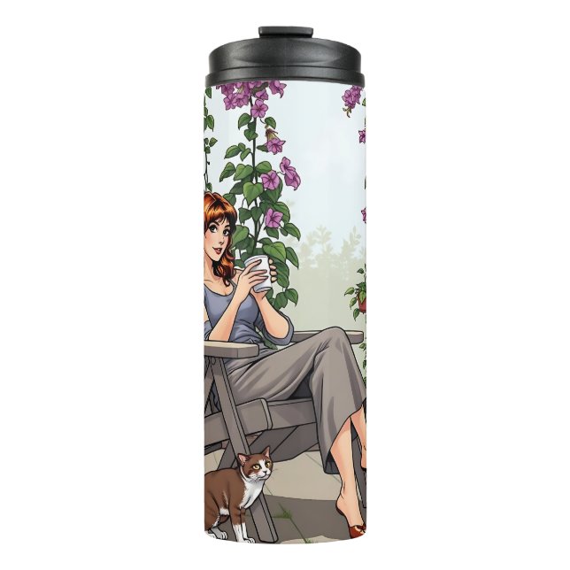 Pretty Woman Drinking Coffee, Her Dog and Plants Thermal Tumbler (Front)