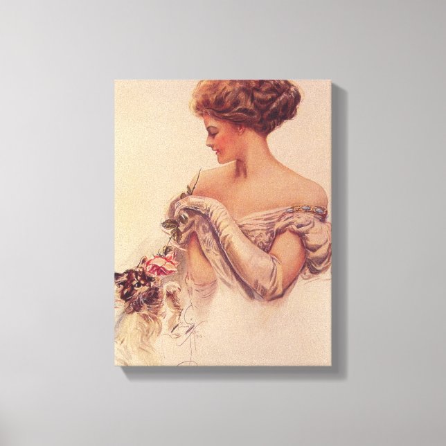 Pretty Woman Holding a Kitten (by Harrison Fisher) Canvas Print (Front)