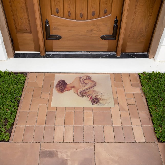 Pretty Woman Holding a Kitten (by Harrison Fisher) Doormat (Outdoor)
