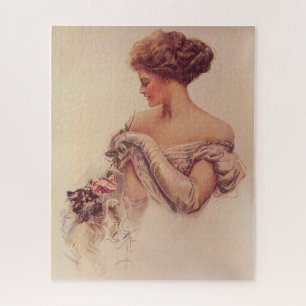 Pretty Woman Holding a Kitten (by Harrison Fisher) Jigsaw Puzzle