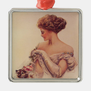 Pretty Woman Holding a Kitten (by Harrison Fisher) Metal Ornament