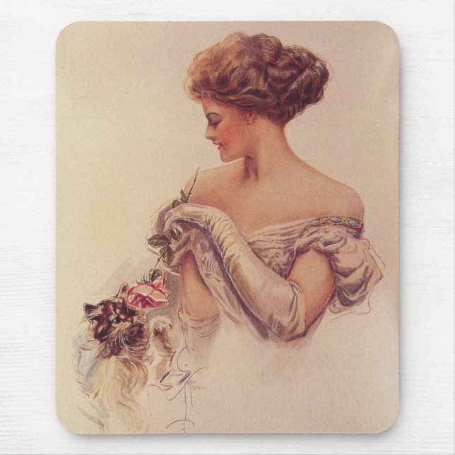 Pretty Woman Holding a Kitten (by Harrison Fisher) Mouse Pad (Front)