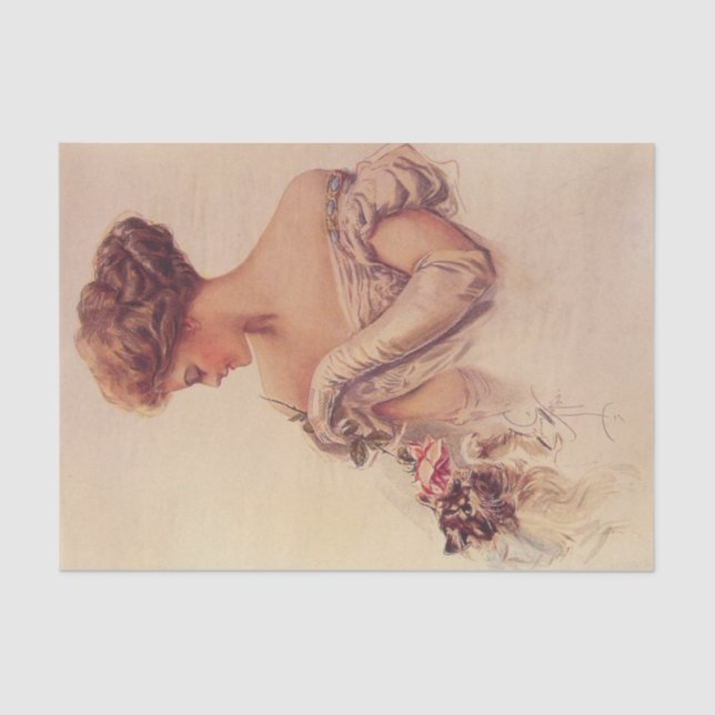 Pretty Woman Holding a Kitten (by Harrison Fisher) Tissue Paper (Front)