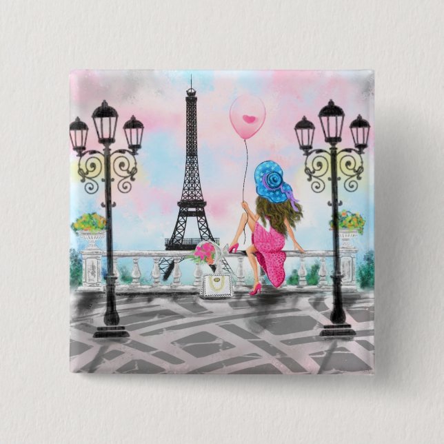 Pretty Woman In Paris Button with Eiffel Tower (Front)