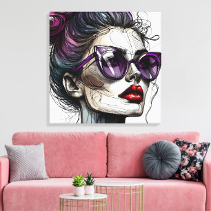 Pretty Woman in Sunglasses and Purple Lipstick Canvas Print