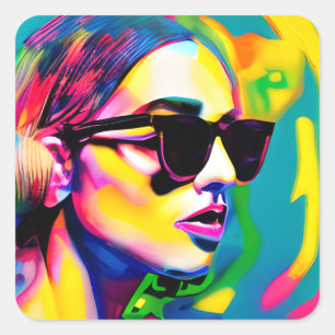 Pretty Woman in Sunglasses Unique Modern Art Square Sticker