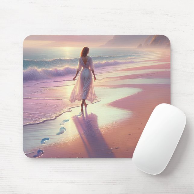 Pretty Woman Leaving Footprints On a Beach Mouse Pad (With Mouse)