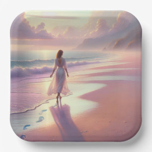 Pretty Woman Leaving Footprints On a Beach Paper Plate