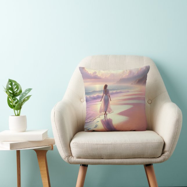 Pretty Woman Leaving Footprints On a Beach Throw Pillow (Chair)
