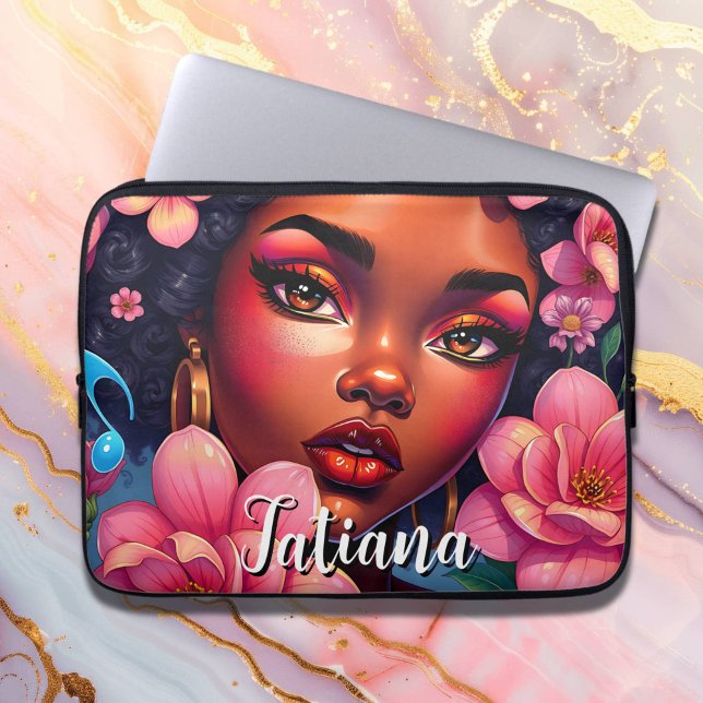Pretty Woman of Colour Pink Flowers Personalized Laptop Sleeve (Creator Uploaded)