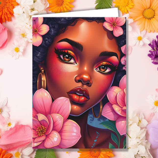 Pretty Woman of Colour with Flowers Birthday Card (Creator Uploaded)