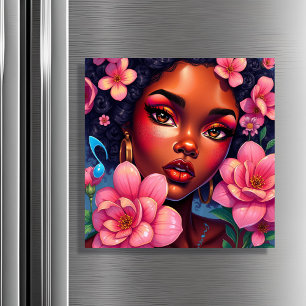 Pretty Woman of Colour with Pink Flowers 