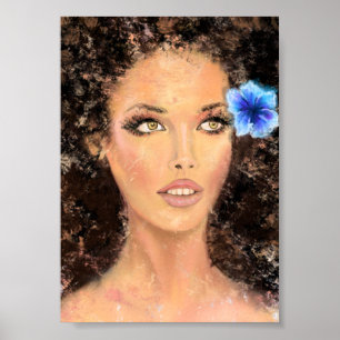 Pretty Woman with Blue Flower - Original Painting Poster