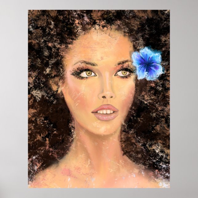 Pretty Woman with Blue Flower - Original Painting  Poster (Front)