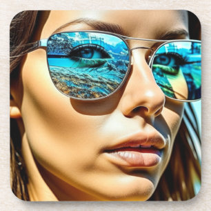 Pretty Woman with Reflection of Beach Sunglasses Coaster