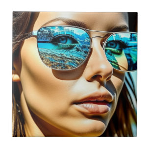 Pretty Woman with Reflection of Beach Sunglasses Tile