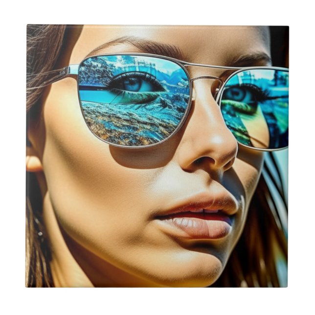 Pretty Woman with Reflection of Beach Sunglasses Tile (Front)