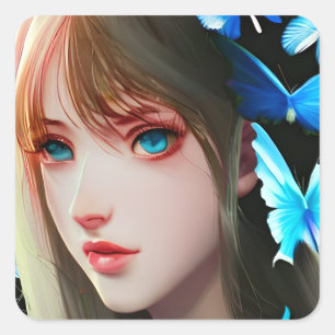 Pretty Women with Blue Butterflies  Square Sticker