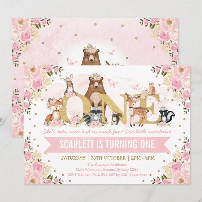 Pretty Woodland Animals Blush Gold 1st Birthday Invitation (Front/Back)