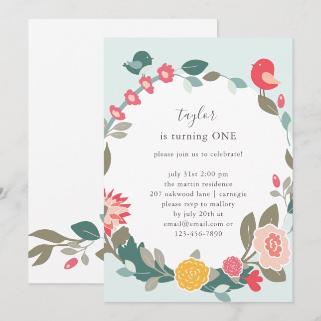 Pretty Wreath and Cute Birds Birthday Party Invitation (Front/Back)