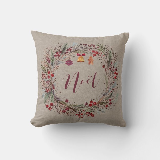 Pretty Wreath with Ornaments Personalized Throw Pillow (Front)