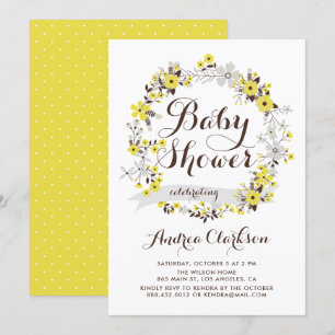 Pretty Yellow and Grey Floral Wreath Baby Shower Invitation