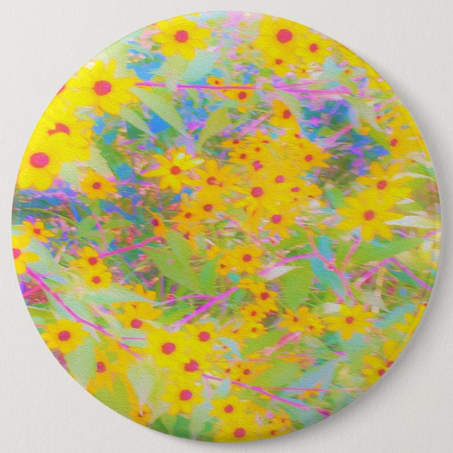 Pretty Yellow and Red Flowers with Turquoise 6 Inch Round Button (Front)