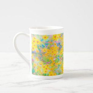 Pretty Yellow and Red Flowers with Turquoise Bone China Mug