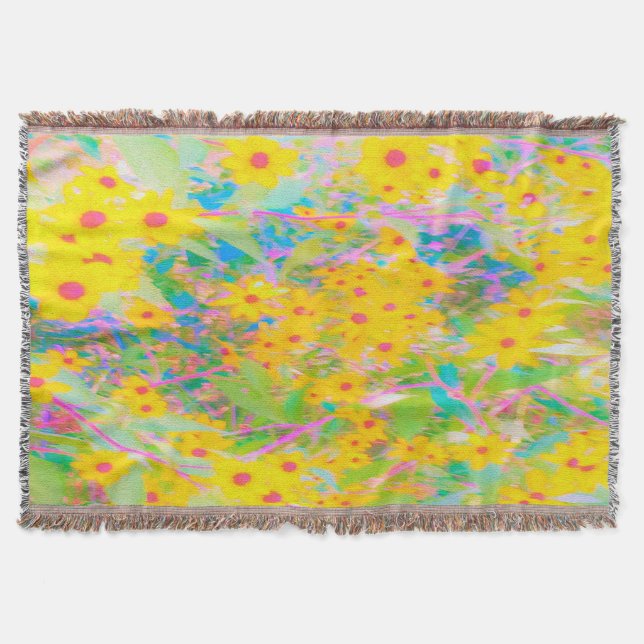 Pretty Yellow and Red Flowers with Turquoise Throw Blanket (Front)