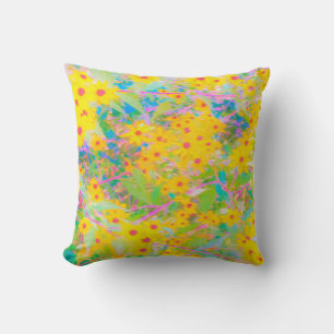 Pretty Yellow and Red Flowers with Turquoise Throw Pillow