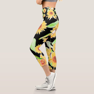Pretty Yellow & Black Sunflowers Watercolor Paint Capri Leggings