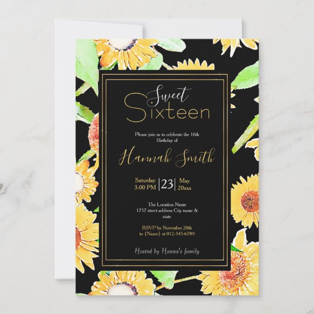 Pretty Yellow & Black Sunflowers Watercolor Paint Invitation (Front)